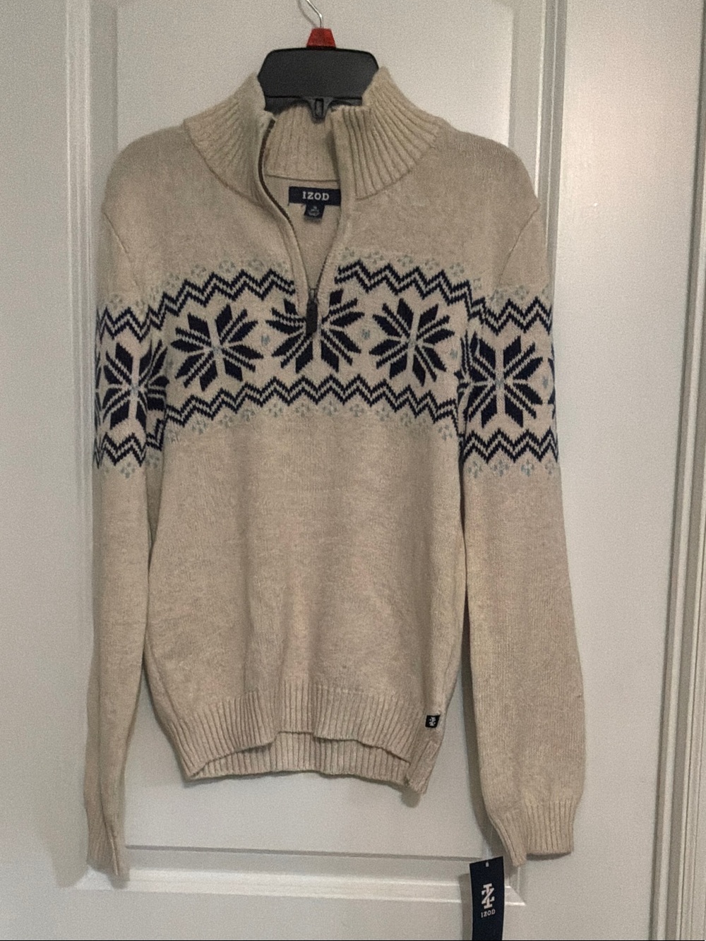 Izod Cream Zip-Up Sweater with Navy Fair Isle Pattern